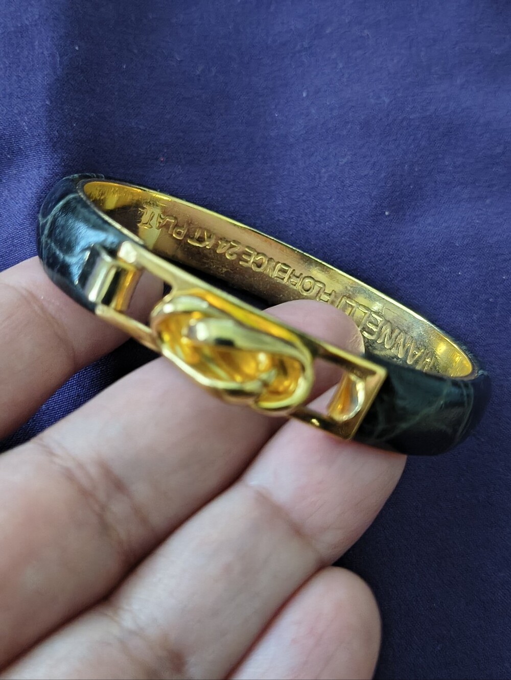 Vintage 24KGP Mannelli Florence Italy Black Croc Skin Leather Bangle Estate Find